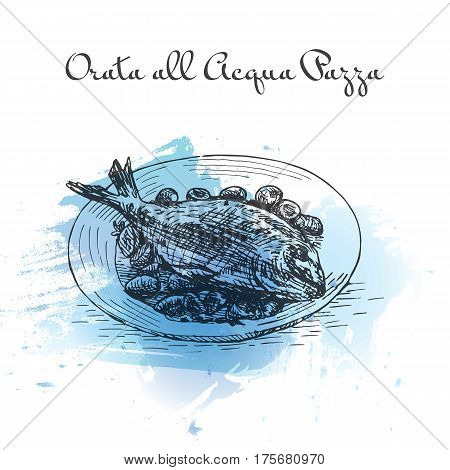 Orata All'Acqua Pazza watercolor effect illustration. Vector illustration of Italian cuisine.