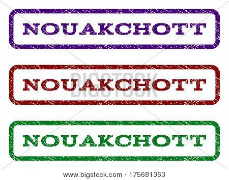 Nouakchott watermark stamp. Text caption inside rounded rectangle frame with grunge design style. Vector variants are indigo blue, red, green ink colors. Rubber seal stamp with unclean texture.