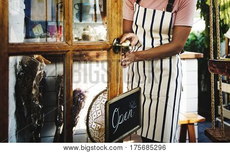 Adult Woman Open Door Hanging Open Sign