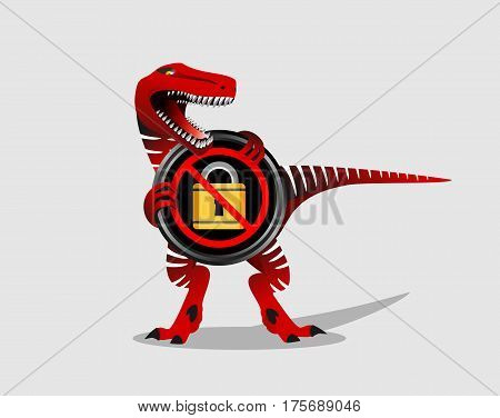Danger sign. No secure. No padlock symbol with dinosaur.