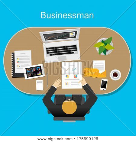 Professional Business person working on office. Businessman workspace illustration.