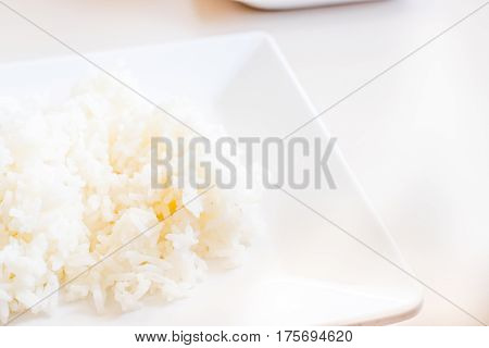 Close Up Jasmine Rice On White Dish On Table,thai Food Style