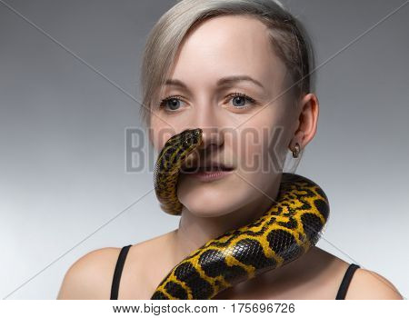 Blond woman and crawling snake on gray background