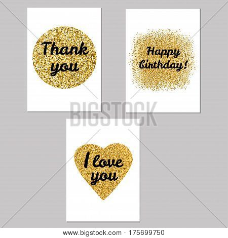 Template set - Thank you Happy Birthday I love you for cards invitation posterbanner. Creative gold heart circle and spot. White background