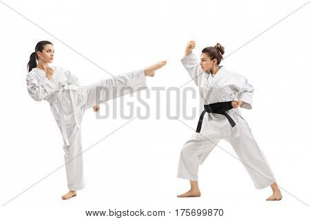 Full length profile shot of two young women in kimonos practicing martial arts isolated on white background