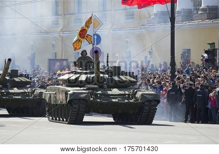 SAINT PETERSBURG, RUSSIA - MAY 09, 2015: Two T-90 tanks on parade in honor of Victory day in St. Petersburg