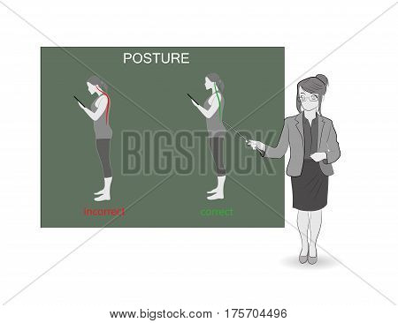 The posture of the person who holds the mobile phone (smartphone). Medical recommendations. The teacher points with a pointer.