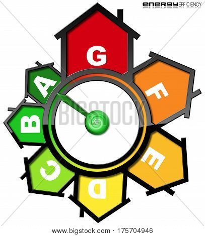 Energy Efficiency - 3D illustration of a symbol in the shape of houses with energy efficiency rating. Isolated on white background