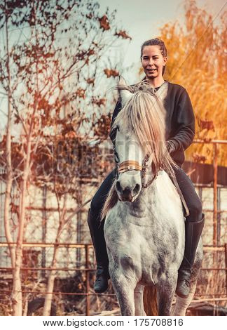 Young beautiful brunette girl rides a horse bareback with hackamore. Warm and sunny autumn day. Portrait of a pretty young woman on the horse, wearing tall boots and gloves.