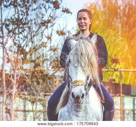 Young beautiful brunette girl rides a horse bareback with hackamore. Warm and sunny autumn day. Portrait of a pretty young woman on the horse, wearing tall boots and gloves.