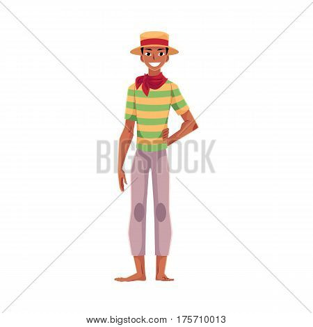 Brazilian man in traditional costume for Festa Junina party, wearing straw hat and red neck tie, cartoon vector illustration isolated on white background. Brazilian man dressed for Festa Junina party