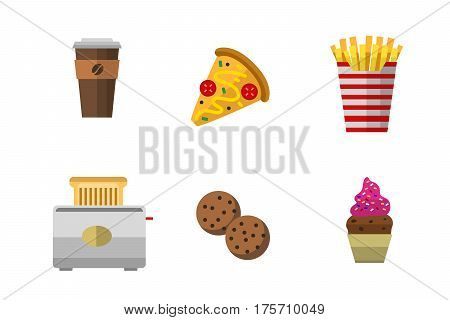 Vector icons sweet fast food elements. Restaurant breakfast menu isolated symbols. Cake design kitchen beverage dinner and dessert different meal.