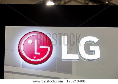 Moscow, Russia - February, 2016: LG company logo on the wall. LG is a South Korean multinational conglomerate corporation