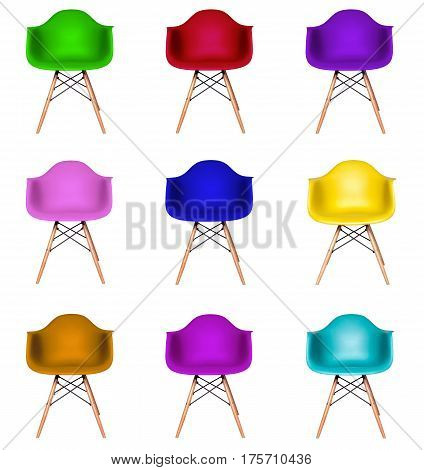 Colorful modern chairs. Set of different chair. Colorful furniture collage isolated on white background