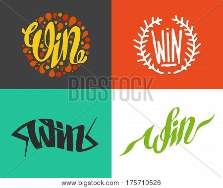 Win text sign test success message contest promotion banner competition and award lucky lottery word modern reward gamble champion vector illustration. Decoration label entry chance element.