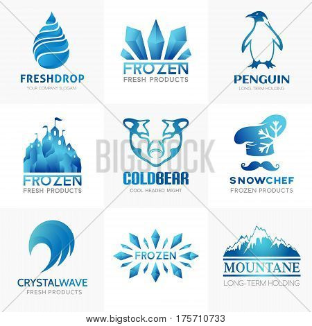 Frozen products logo collection. Conceptual symbols for term holding company or ice cream store and cafe. Bear penguin castle crystalchef drop icons set.