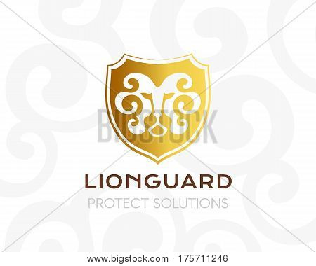 Lion head on the shield. Logo template. Concept icon for security firm finance company real estate business.