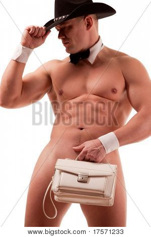 Muscular male stripper nu avec sac à main