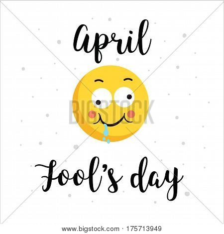 Emoticon funny. Smiling yellow face and color hopping letters phrase April fools day card, illustration