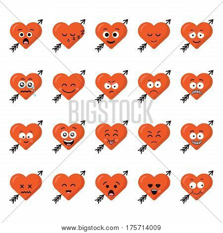 Funny cartoon heart character emotions collection, icons, isolated on white background.