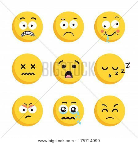 Sad smiling emoticon faces set. Collection of sad and cry emoji. Yellow faces isolated on white background