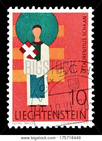 LIECHTENSTEIN - CIRCA 1968 : Cancelled postage stamp printed by Liechtenstein, that shows Saint Laurentius.