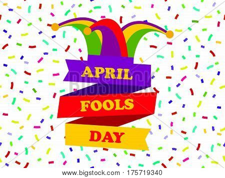 April Fools Day. Cap With Bells. Jester Hat With Ribbon. Festive Banner. Vector Illustration