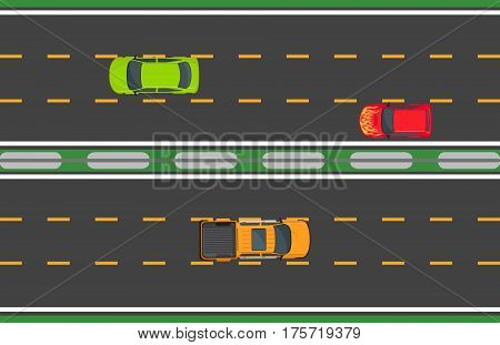 Highway traffic concept with red, green cars on one road and orange pickup on another road. Vector illustration of top view driving means of transportation on asphalt highroad in flat style.