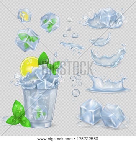 Glass with water, yellow lemon slice, green mint leaves and ice cubes isolated on transparent background. Vector illustration of cooling drink in hot summer time with set of its ingredients.