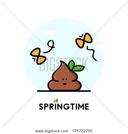 Funny happy poop or turd with green leaves and butterflies - cartoon vector illustration. Springtime, ecology and positive emotions.