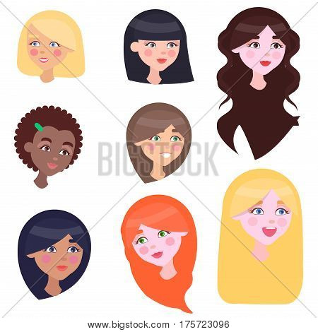 Women face emotions set with long and short hairstyles red brown black and fair colours. Collection of icons with mother s kindness expressed in her eyes. Vector poster of female kind looks.
