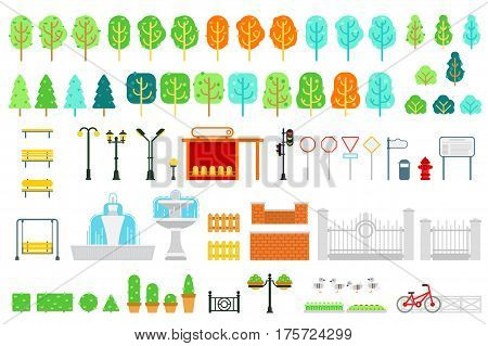 City and park map vector elements in flat design with tree, bush, bench, swing, lamp, station, traffic light, signs, pointer, bulletin board, fountain, fence, hedge flowerbed for infographic design