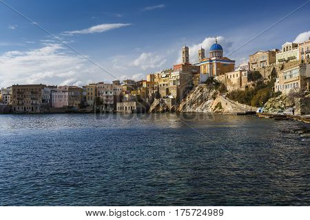 Town beach in Ermoupoli on Syros island in Greece.