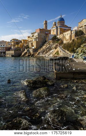 Town beach in Ermoupoli on Syros island in Greece.
