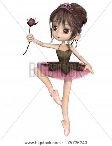Cute toon ballerina wearing a classical ballet tutu and tiara and holding a beautiful pink rose, digital illustration (3d rendering)