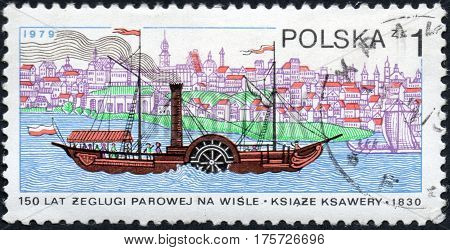 UKRAINE - CIRCA 2017: A stamp printed in Poland shows 150 Years of steam navigation on the Vistula River - Prince Xavier circa 1979
