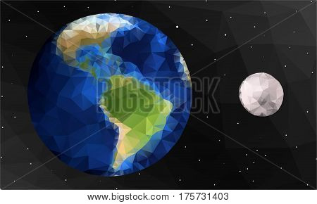 Polygon illustration of the earth and the moon surrounded by tiny stars vector illustration