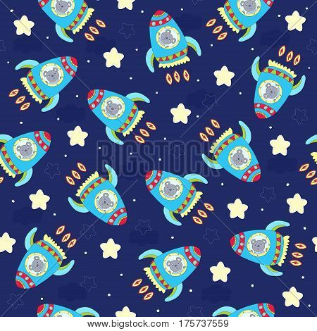 hand drawn Sample pattern with cute Rocket and bear vector illustration