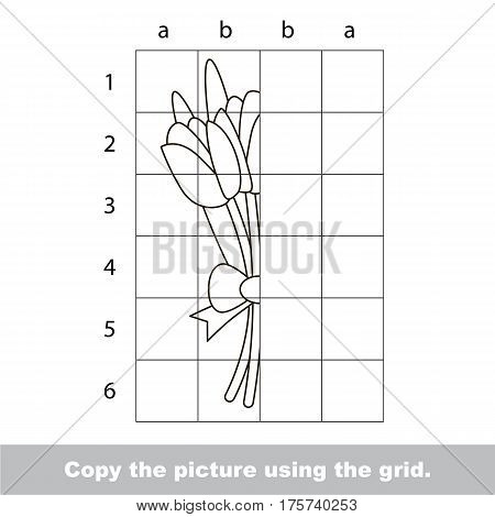 Finish the simmetry picture using grid sells, vector kid educational game for preschool kids, the drawing tutorial with easy gaming level for half of Tulip Bouquet