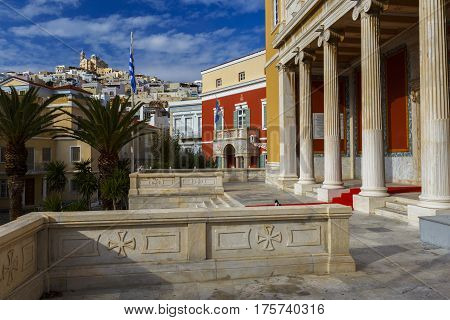 ERMOUPOLI, GREECE - JANUARY 09, 2017: Street of Ermoupoli town on Syros island in Greece on January 09, 2017.