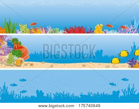 Sea reef underwater banner with corals and fish