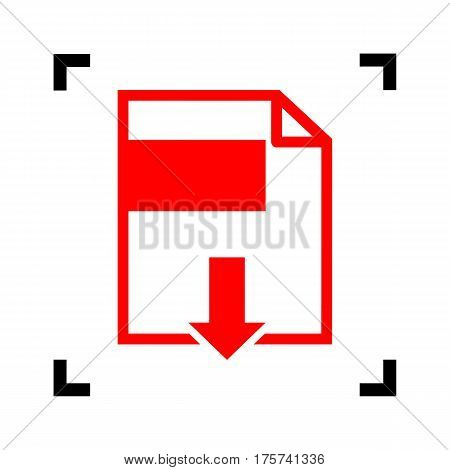 File download sign. Vector. Red icon inside black focus corners on white background. Isolated.