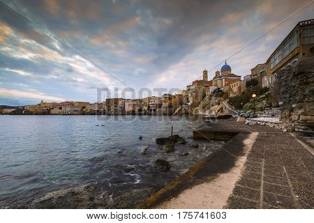 Town beach in Ermoupoli on Syros island in Greece.