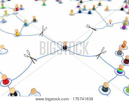 Crowd of small symbolic 3d figures linked by lines disconnect one isolated horizontal
