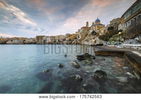 Town beach in Ermoupoli on Syros island in Greece.