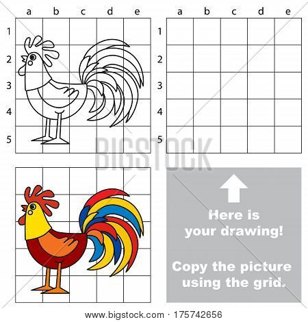 Copy the picture using grid lines, the simple educational game for preschool children education with easy gaming level, the kid drawing game with Cock