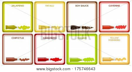 Sauce bottle collection in square white icons with colourful frames. Vector poster of lying bottles with running out yellow, red habanero, green wasabi and jalapeno, brown chipotle, red cayenne etc.
