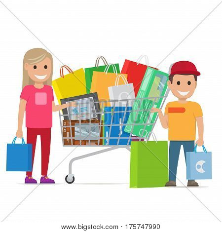 Big shopping day of happy couple. Boy in cap and blond girl stand near shopping trolley full of purchases on the white background. Couple has good time during shopping. Vector illustration of shopping.