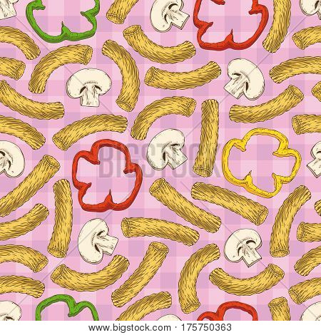 Seamless Vector Pattern with Mushroom Slices Pasta and Sweet Pepper on a Pink Plaid Background