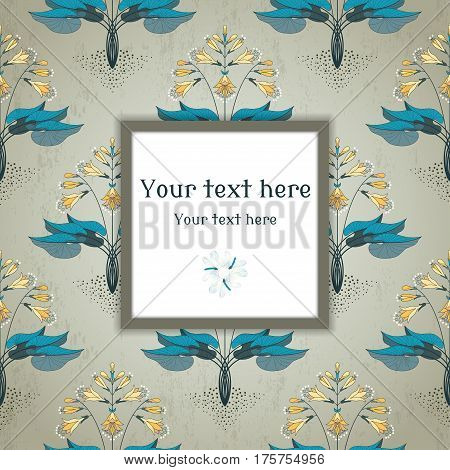 Vector Square Frame. Seamless Floral Pattern In Modern Style. The Plant Is Hosta On Vintage Plaster